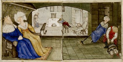 A set of sixteen tiles arranged in pairs to form eight illustrations of the 
